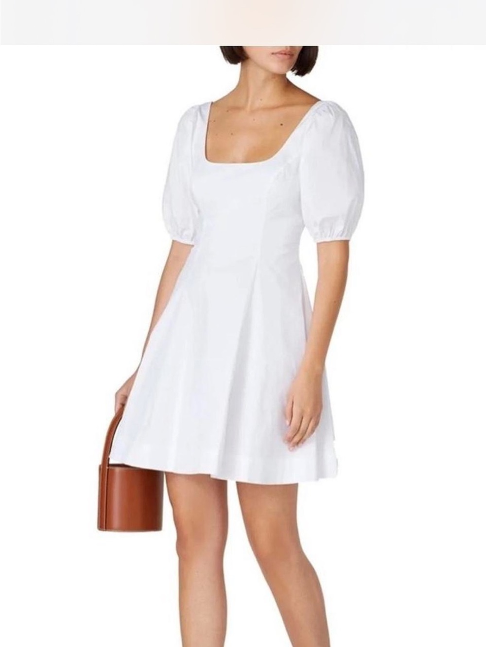 STAUD Laelia White Puff-Sleeve Square Neck Fit Flare Mini Dress Size 6